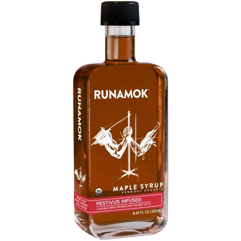 Runamok | Maple Syrups - Festivus Spice Infused in a glass bottle with a black cap, featuring a label highlighting its cinnamon and vanilla maple syrup infusion.
