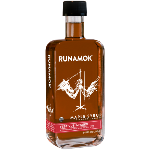 Runamok | Maple Syrups - Festivus Spice Infused in a glass bottle with a black cap, featuring a label highlighting its cinnamon and vanilla maple syrup infusion.