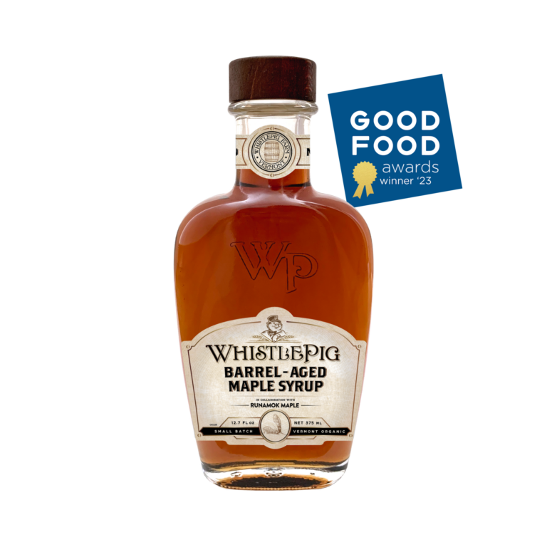 Runamok | Maple Syrups - WhistlePig - Barrel-aged Maple Syrup, in a glass bottle, highlighting its fusion of organic maple syrup and WhistlePig Rye Whiskey flavors.