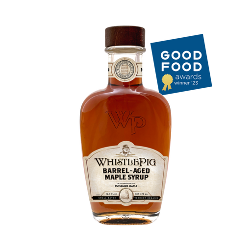 Runamok | Maple Syrups - WhistlePig - Barrel-aged Maple Syrup, in a glass bottle, highlighting its fusion of organic maple syrup and WhistlePig Rye Whiskey flavors.