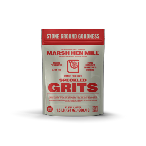 Marsh Hen Mill | Speckled Grits: Stone-ground, gluten-free grits from heirloom corn, emphasizing natural, small-batch quality. Refrigerate after purchase. Net weight 1.5 lb.