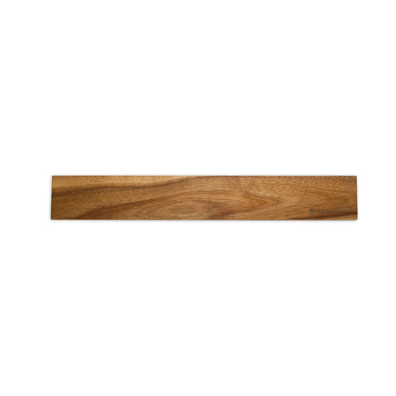 Messermeister | Acacia Magnetic Knife Rack: A sleek, wall-mounted, walnut knife holder with faint branding, designed to elegantly display and securely store kitchen knives.