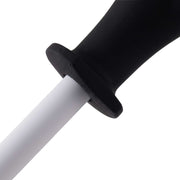 Messermeister | 1200 Grit Ceramic Sharpening Rod with a black ergonomic handle, ideal for honing and polishing kitchen knives for precision and safety.