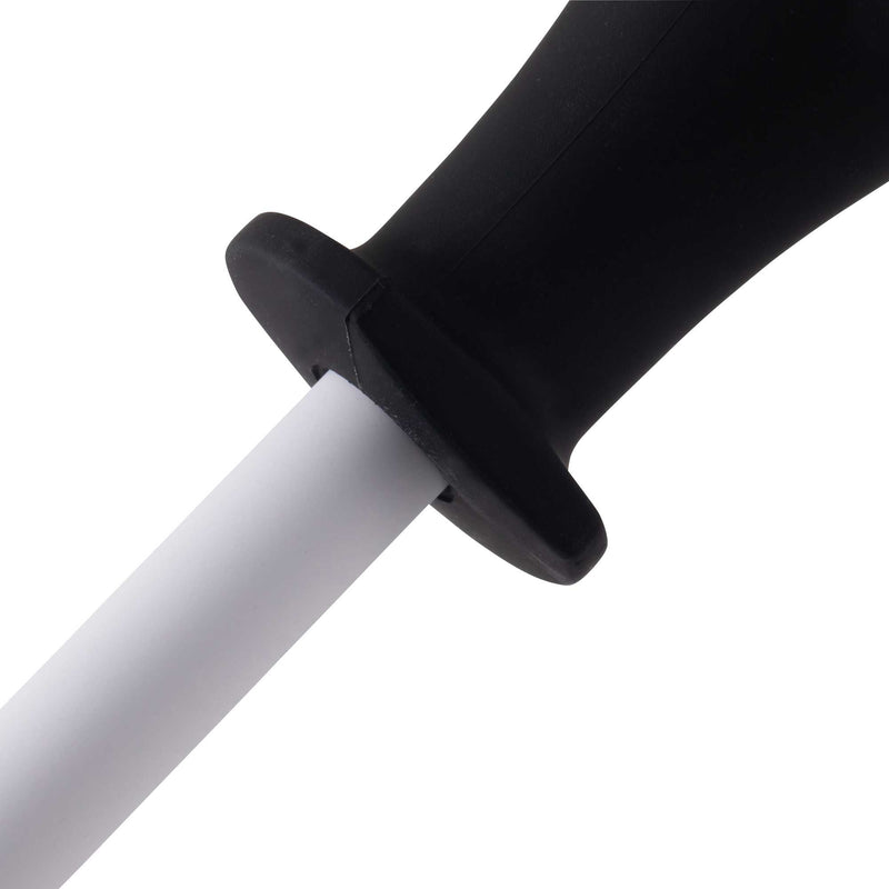 Messermeister | 1200 Grit Ceramic Sharpening Rod with a black ergonomic handle, ideal for honing and polishing kitchen knives for precision and safety.
