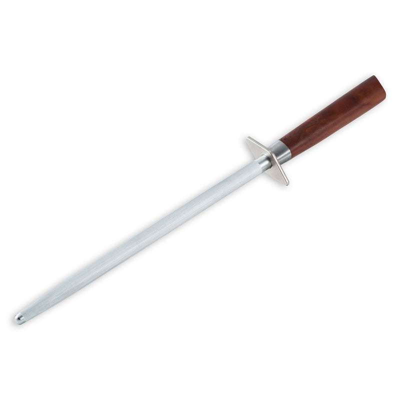 Messermeister Royale Elite Honing Steel, 10 inches, featuring a fine grit metal rod with an American walnut handle for maintaining knife sharpness.
