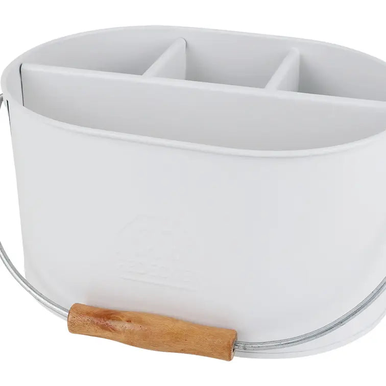 Portable Metal Caddy, White: A versatile white metal tote with a wooden handle and three compartments, ideal for organizing kitchen tools or garden supplies.