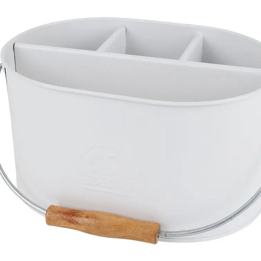 Portable Metal Caddy, White: A versatile white metal tote with a wooden handle and three compartments, ideal for organizing kitchen tools or garden supplies.