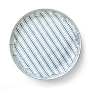 Seascape Blue Original Flat Plate Liners, a round metal tray with blue and white stripes, ideal for kitchen use from Athens Cooks.