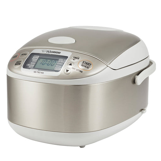 Zojirushi | Micom Rice Cooker Warmer - Stainless Gray with digital controls for various rice types and functions like steaming, porridge, quinoa, and a timer.