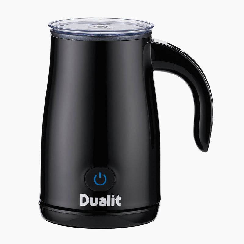 Dualit Hot Chocolate Maker and Milk Frother with removable whisk, clear lid, and power button, ideal for quick milk frothing and heating.