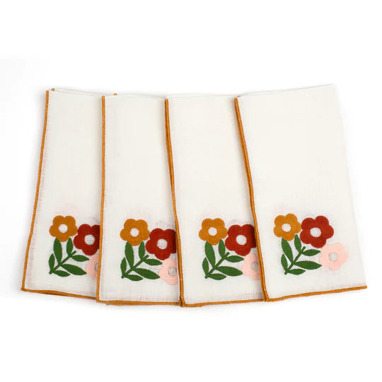 Misette | Floral Embroidered Linen Napkins in Amber, Set of 4