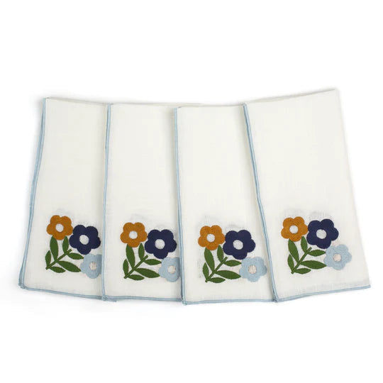 Misette | Floral Embroidered Linen Napkins in Dark Blue, Set of 4