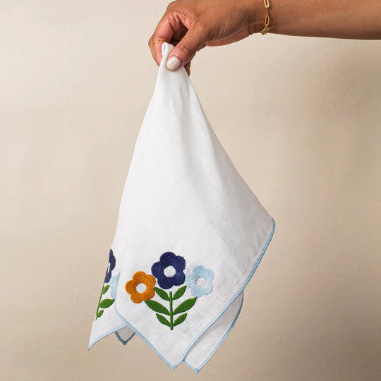 Misette | Floral Embroidered Linen Napkins in Dark Blue