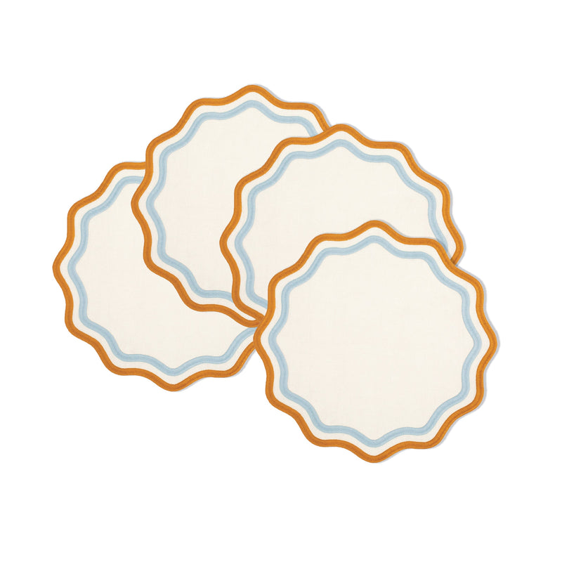 Misette | Colorblock Embroidered Linen Placemats Blue & Amber, Set of 4