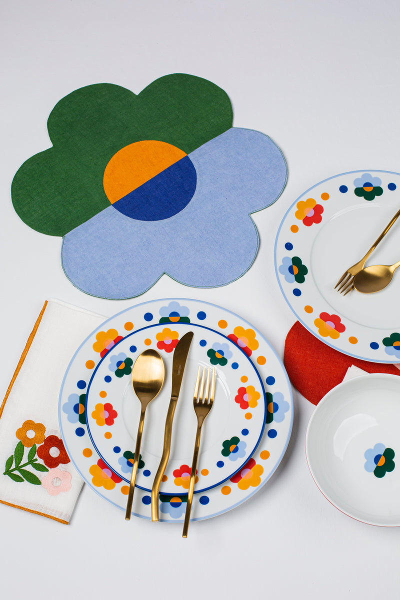 Misette | Floral Linen Patchwork Placemats, Green/Blue, Set of 4