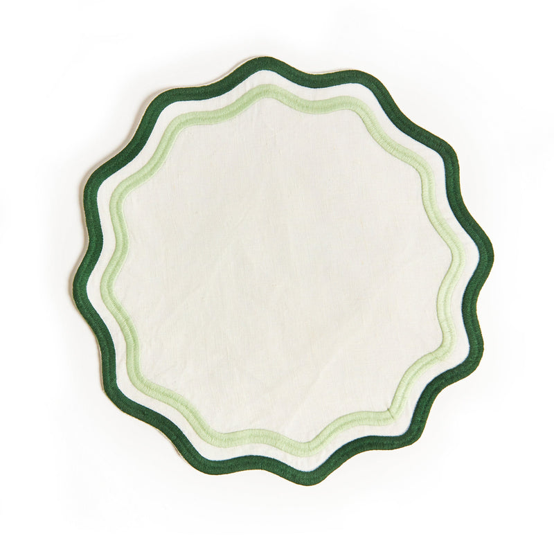 Misette | Colorblock Embroidered Linen Placemats in Dark Green/Sage, Set of 4