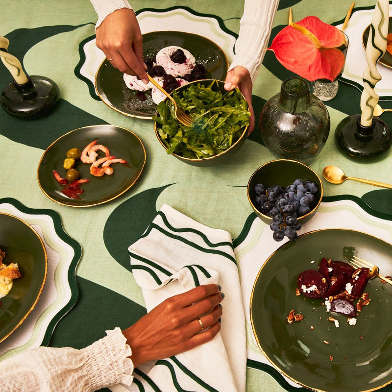 Misette | Colorblock Embroidered Linen Placemats in Dark Green/Sage, Set of 4