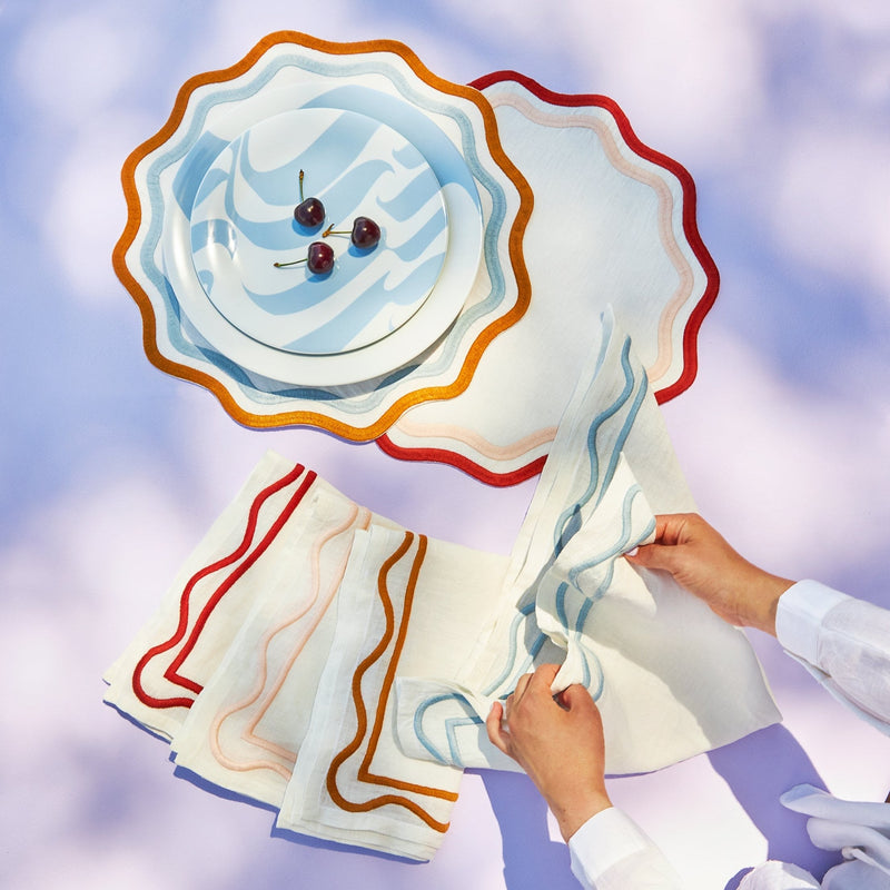 Misette | Colorblock Embroidered Linen Placemats Blue & Amber, Set of 4