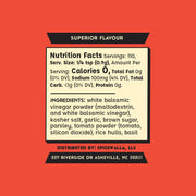 Spicewalla | Modena Balsamic Rub label showing nutrition facts and ingredients. Ideal for enhancing grilled dishes, dressings, and marinades. Distributed by Spicewalla, Asheville, NC.