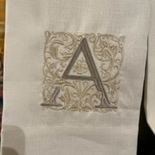 Crown Linen Designs | Monogram Linen Towel - A: A 100% European linen towel with elegant embroidery, perfect for enhancing kitchen or bathroom decor.