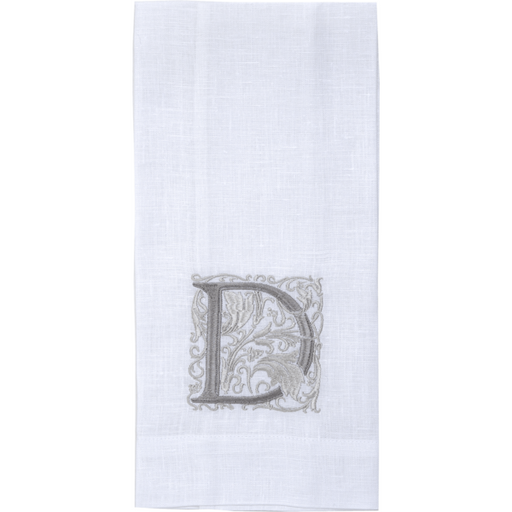 Crown Linen Designs | Monogram Linen Towel - D: Elegant European linen towel with embroidered 'D', perfect for enhancing kitchen or bathroom decor with sophistication.
