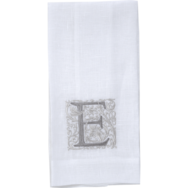 Crown Linen Designs | Monogram Linen Towel - E: Elegant European linen towel with embroidered 'E', perfect for enhancing kitchen or bathroom decor.