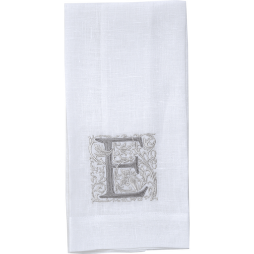 Crown Linen Designs | Monogram Linen Towel - E: Elegant European linen towel with embroidered 'E', perfect for enhancing kitchen or bathroom decor.