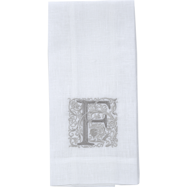 Crown Linen Designs | Monogram Linen Towel - F: European linen towel with an embroidered 'F', perfect for adding elegance to kitchen or bathroom decor.