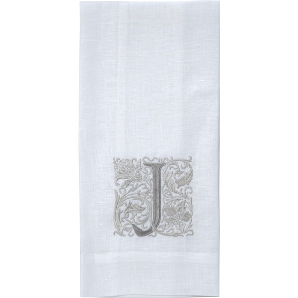 Crown Linen Designs | Monogram Linen Towel - J, crafted from 100% European linen with elegant embroidery, perfect for kitchen or bath use.