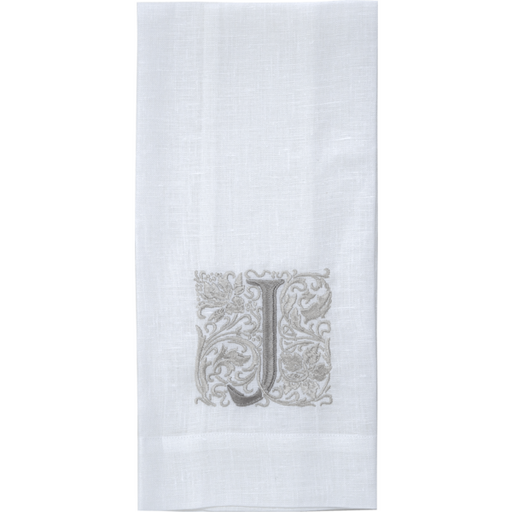 Crown Linen Designs | Monogram Linen Towel - J, crafted from 100% European linen with elegant embroidery, perfect for kitchen or bath use.