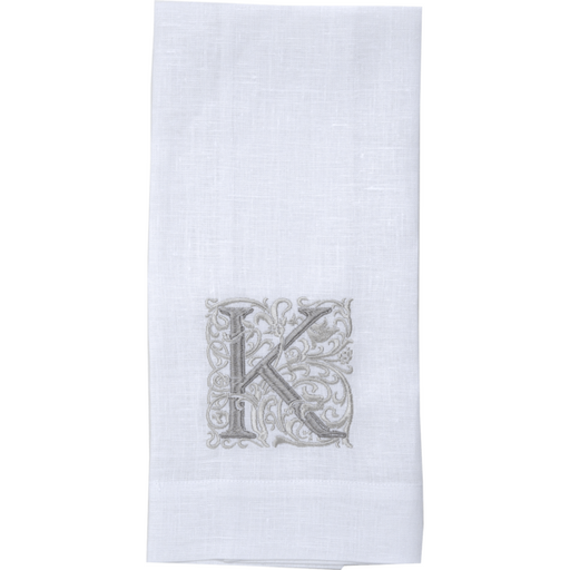 Crown Linen Designs | Monogram Linen Towel - T, crafted from European linen, with embroidered 'T'. Ideal for kitchen or bathroom, measures 17x29.