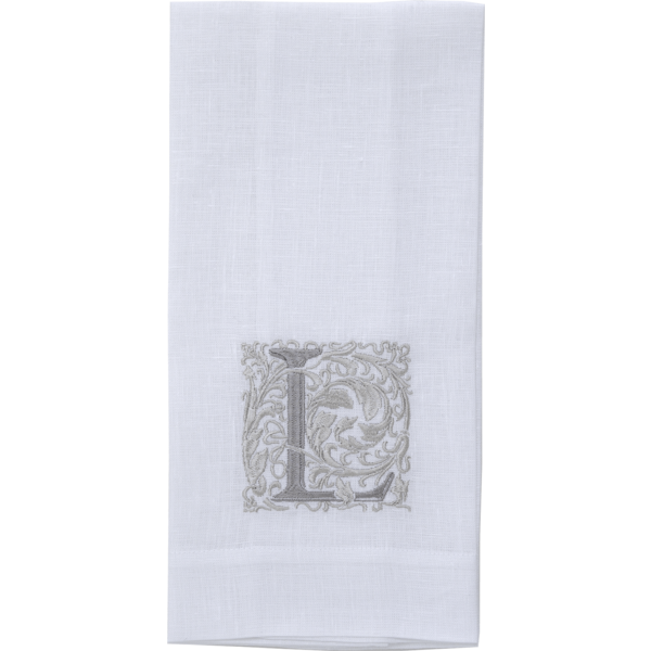 Crown Linen Designs | Monogram Linen Towel - L, a 100% European linen towel with an embroidered letter, ideal for adding elegance to your kitchen or bathroom.