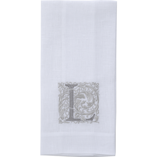 Crown Linen Designs | Monogram Linen Towel - L, a 100% European linen towel with an embroidered letter, ideal for adding elegance to your kitchen or bathroom.