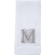 Crown Linen Designs | Monogram Linen Towel - M, crafted from 100% European linen, features elegant embroidery, perfect for enhancing kitchen or bath décor.
