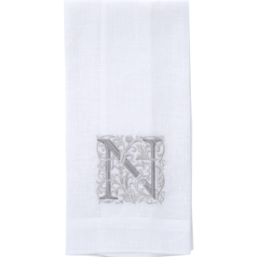 Crown Linen Designs | Monogram Linen Towel - N, a 100% European linen towel with elegant embroidery, ideal for enhancing kitchen or bathroom decor.