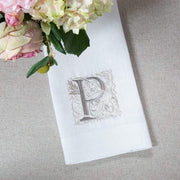 Crown Linen Designs Monogram Linen Towel - P, featuring elegant embroidery on 100% European linen, perfect for adding sophistication to any kitchen or bath.