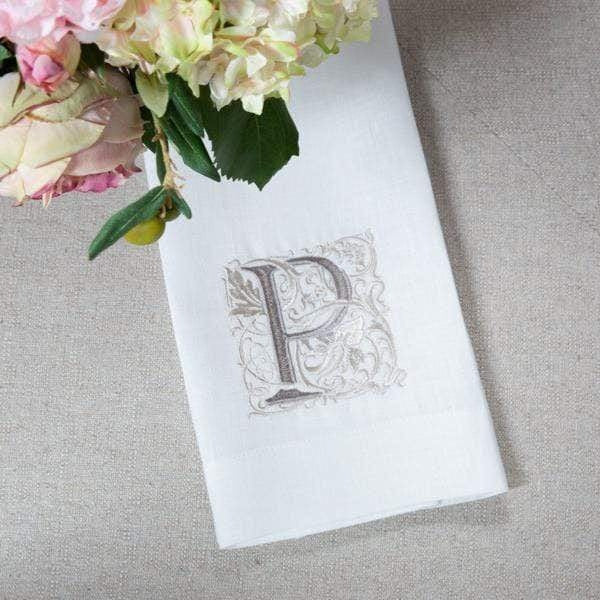 Crown Linen Designs Monogram Linen Towel - P, featuring elegant embroidery on 100% European linen, perfect for adding sophistication to any kitchen or bath.