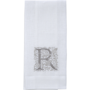 Crown Linen Designs Monogram Linen Towel - R, a 100% European linen towel featuring elegant embroidery, perfect for enhancing kitchen or bathroom decor.