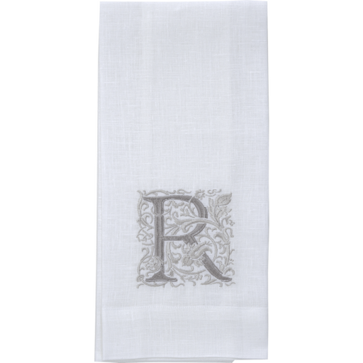 Crown Linen Designs Monogram Linen Towel - R, a 100% European linen towel featuring elegant embroidery, perfect for enhancing kitchen or bathroom decor.