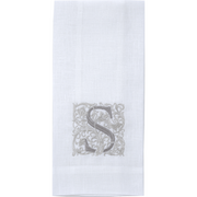 Crown Linen Designs Monogram Linen Towel - S, crafted from 100% European linen, displaying an embroidered letter, perfect for adding elegance to any kitchen or bath.
