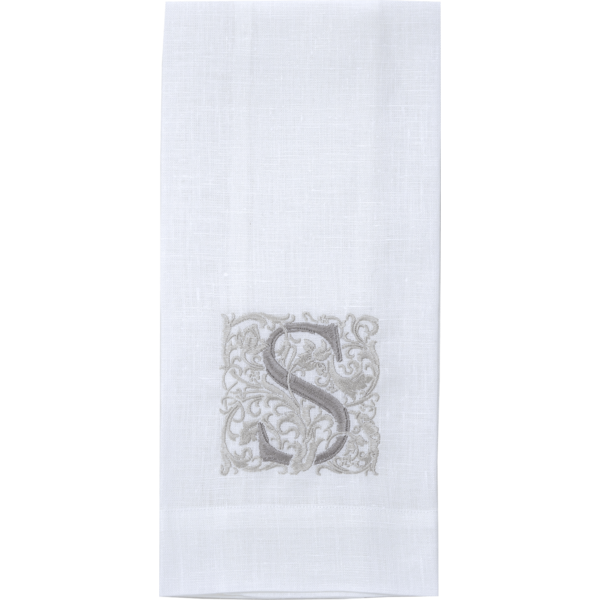 Crown Linen Designs Monogram Linen Towel - S, crafted from 100% European linen, displaying an embroidered letter, perfect for adding elegance to any kitchen or bath.