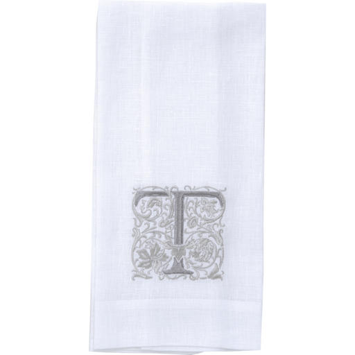 Crown Linen Designs | Monogram Linen Towel - T, 100% European linen, 17x29, embroidered, elevates kitchen or bathroom décor with timeless elegance.
