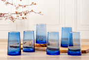 Set of 6 Moroccan Cone Glassware Large - Blue, featuring hand-blown, cone-shaped glasses with visible bubbles, crafted from recycled bottles, ideal for beverages or small vases.
