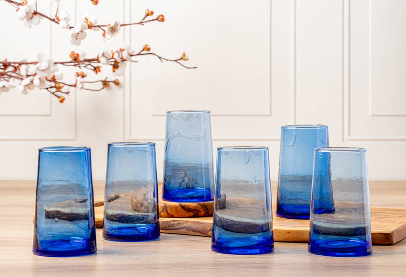 Set of 6 Moroccan Cone Glassware Large - Blue, featuring hand-blown, cone-shaped glasses with visible bubbles, crafted from recycled bottles, ideal for beverages or small vases.
