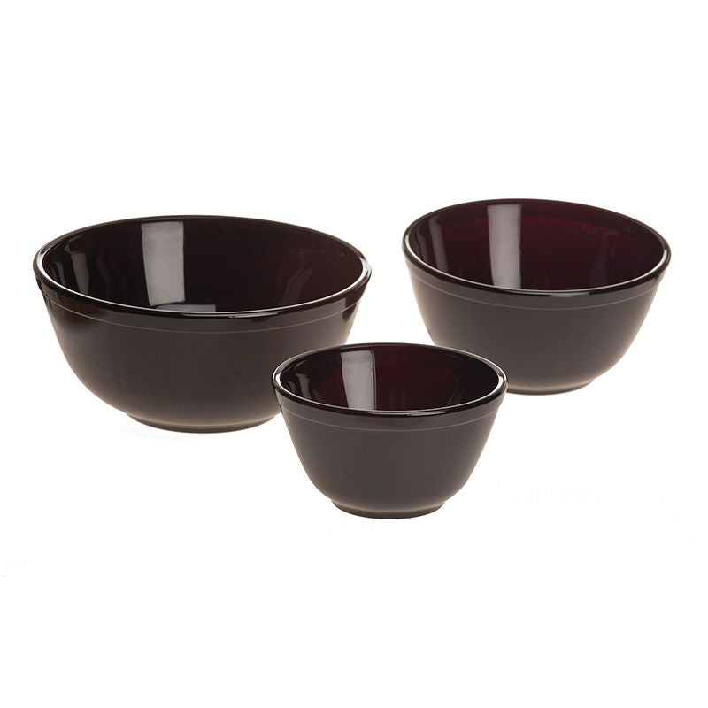 Vintage Inspired Glass Mixing Bowl Set from Mosser: three nesting bowls in flint glass, ideal for mixing or serving, showcasing classic craftsmanship and durability.