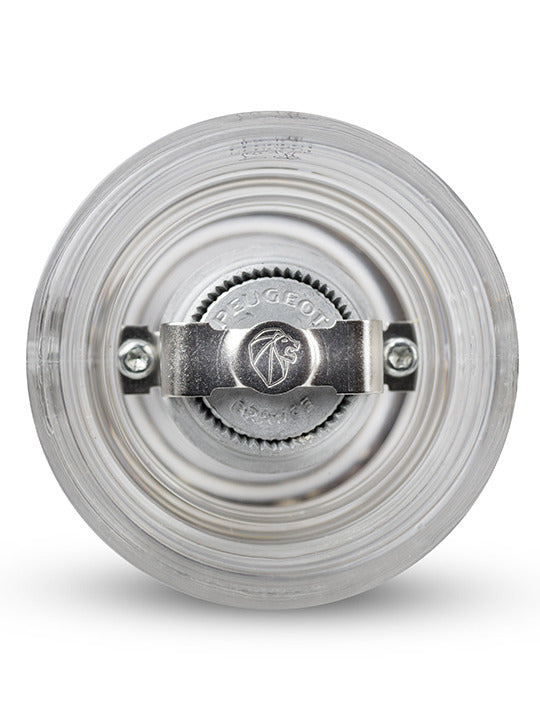 Peugeot | Paris Nancy Pepper Mill, Acrylic, 12 inches, showcasing its grinding mechanism with the Peugeot logo, offering adjustable coarseness for culinary precision.