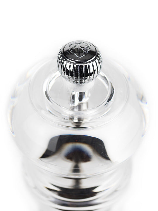 Peugeot | Paris Nancy Salt Mill, Acrylic, 12 inches, featuring a clear body and metal adjustment knob for coarseness, showcasing salt's mineral whiteness.