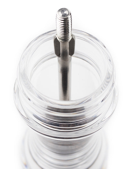 Peugeot | Paris Nancy Pepper Mill, Acrylic, 12 inches, showcasing the central steel spindle inside the clear acrylic body for adjustable pepper coarseness.
