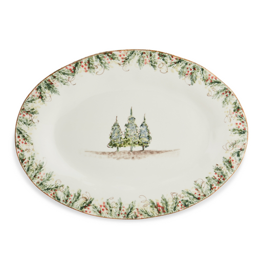 Arte Italica & Crown Linen Designs Natale Oval Platter featuring hand-painted evergreen garland, red berries, and pine trees; perfect for festive winter table settings.