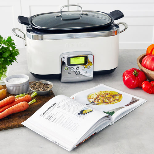 GreenPan | 6 Quart Slow Cooker - Cloud Cream: Versatile slow cooker with PFAS-free ceramic nonstick coating, ideal for searing, slow cooking, roasting, and steaming in a modern kitchen.
